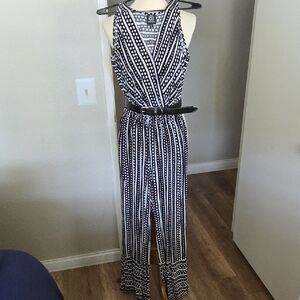 bobeau Black & White Striped Sleeveless Wrap Jumpsuit with Belt